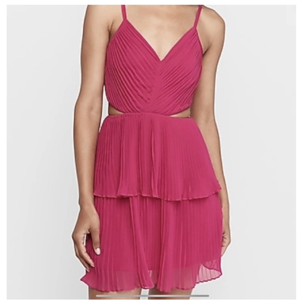 Express Pleated Flare Dress Cut Out Backless Gold Zipper Magenta Small Petite